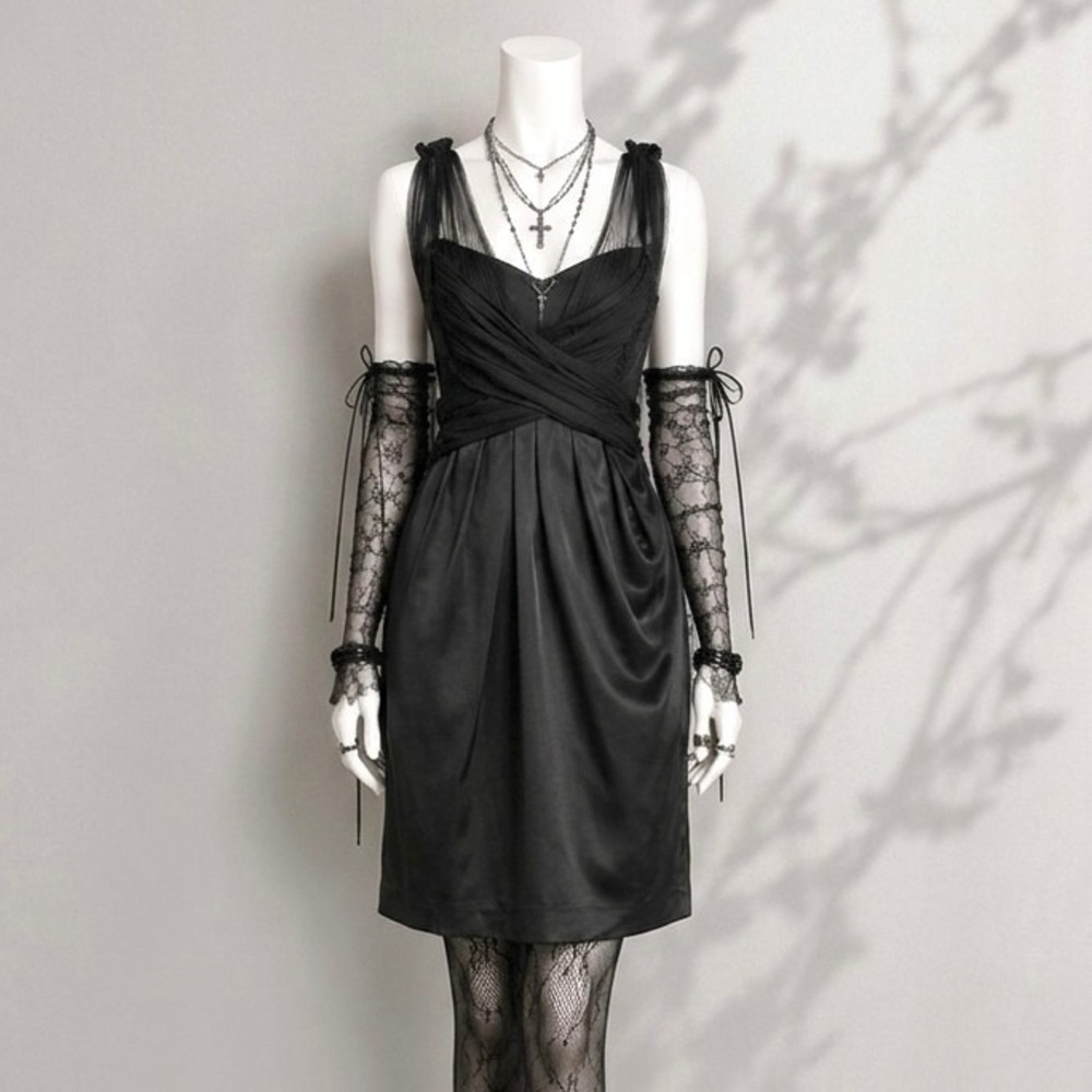 BCBG Max Azria Black Silk Blend Mini Dress 4 Gathered  Whimsigoth Sheath
